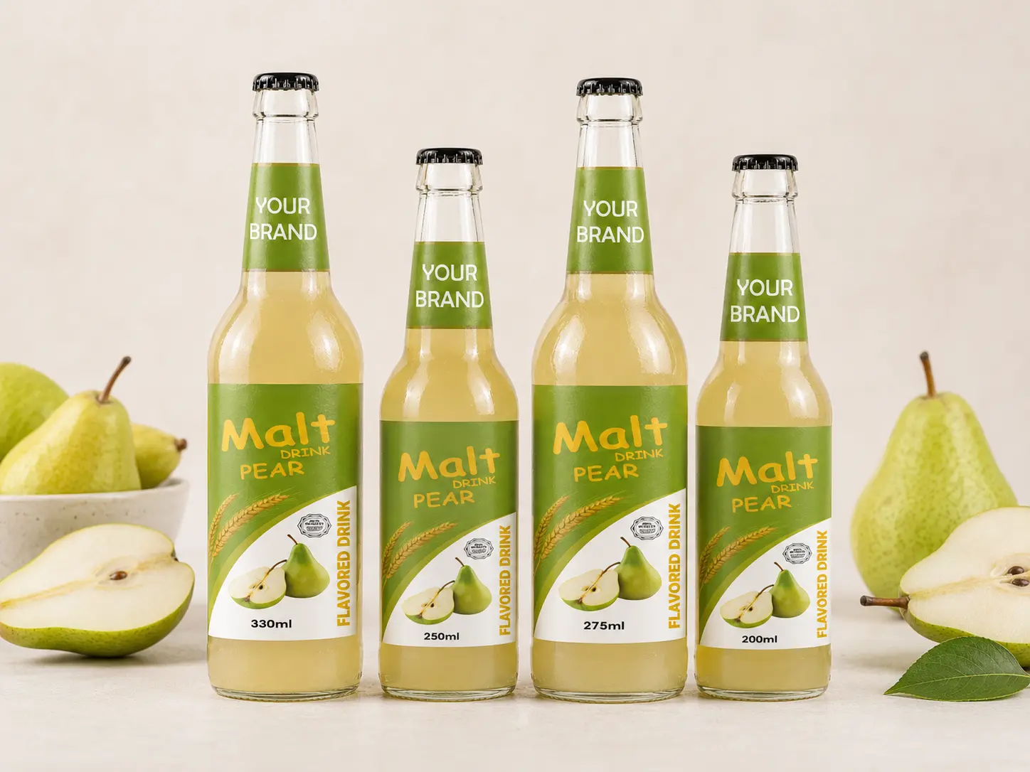 MALT DRINK Pear flavour in 330ml, 250ml, 275ml, and 200ml glass bottles.